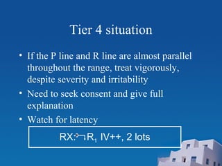 Tier 4 situation
• If the P line and R line are almost parallel
throughout the range, treat vigorously,
despite severity and irritability
• Need to seek consent and give full
explanation
• Watch for latency
RX: R1 IV++, 2 lots
 
