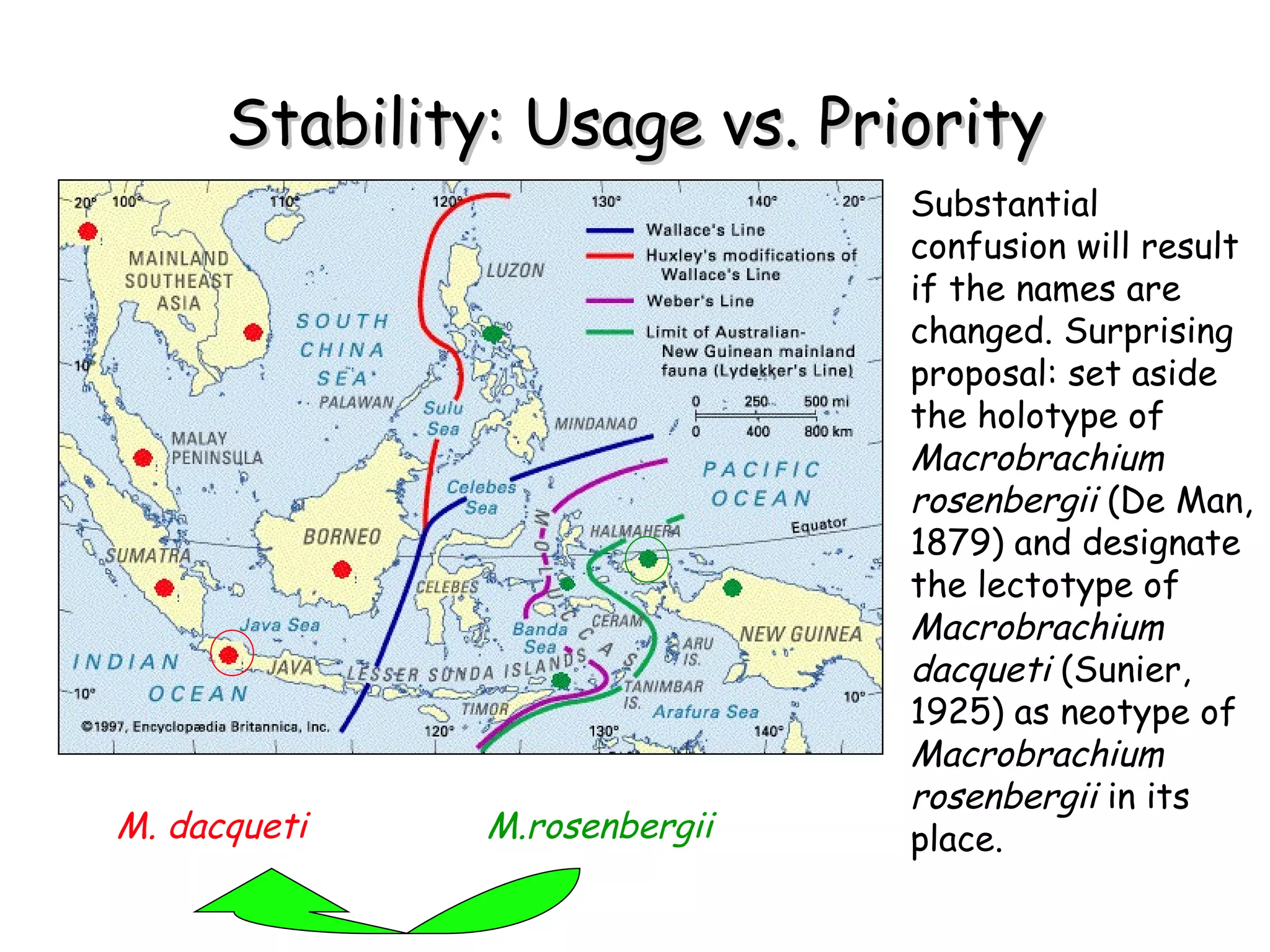 Stability: Usage vs. Priority Substantial confusion will result if the names are changed. Surprising proposal: set aside the holotype of  Macrobrachium rosenbergii  (De Man, 1879) and designate the lectotype of  Macrobrachium dacqueti  (Sunier, 1925) as neotype of  Macrobrachium rosenbergii  in its place. M. dacqueti   M.rosenbergii 