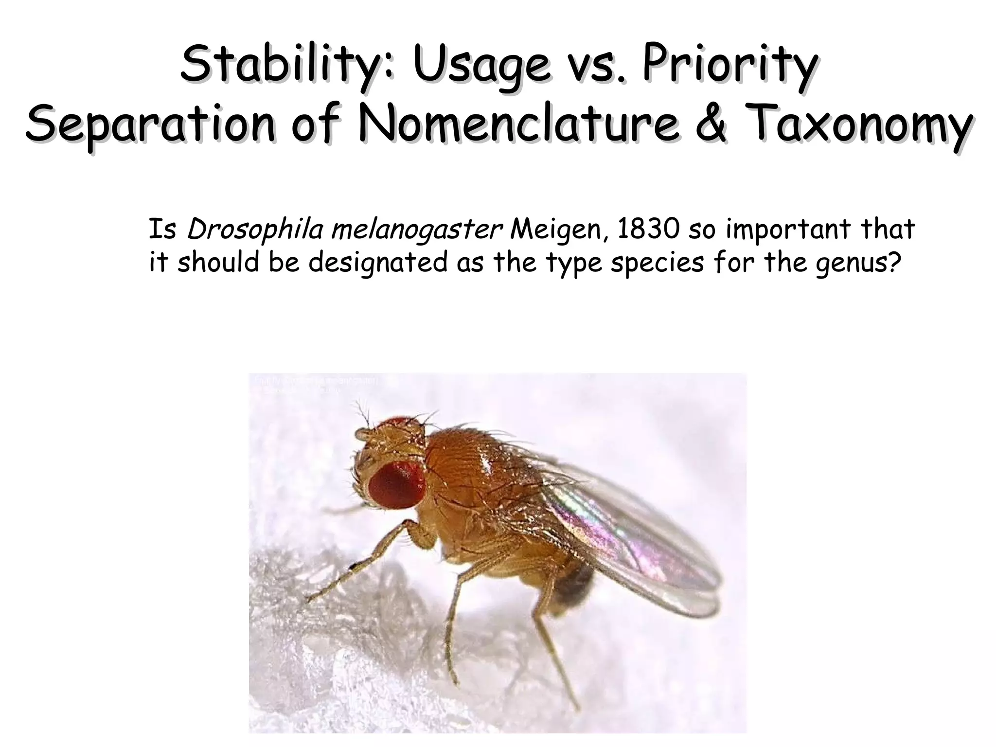 Stability: Usage vs. Priority Separation of Nomenclature & Taxonomy Is  Drosophila   melanogaster  Meigen, 1830 so important that it should be designated as the type species for the genus? 