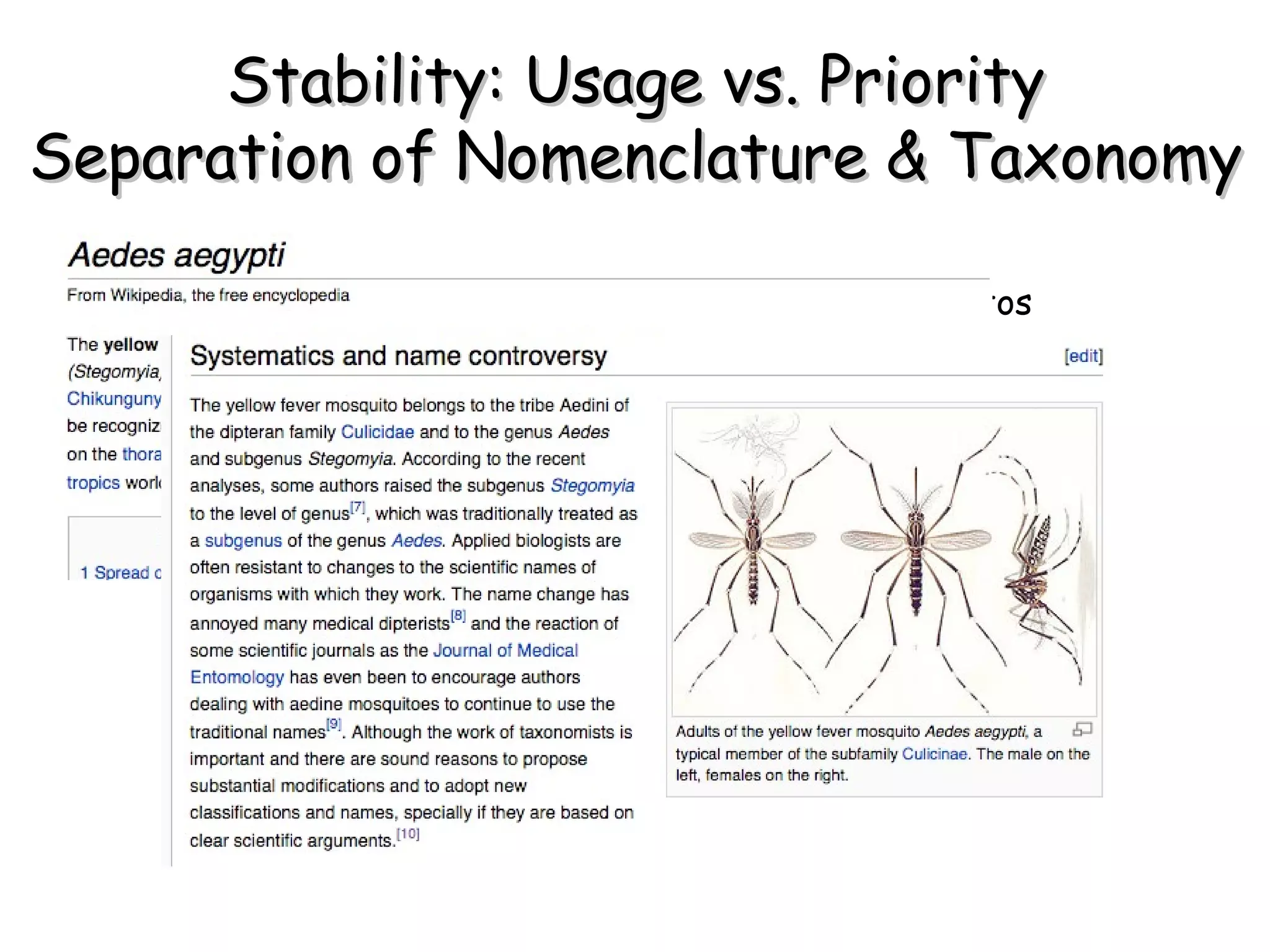 Stability: Usage vs. Priority Separation of Nomenclature & Taxonomy Yellow Fever and Dengue vector mosquitos Aedes aegypti  changed to  Stegomya aegypti   