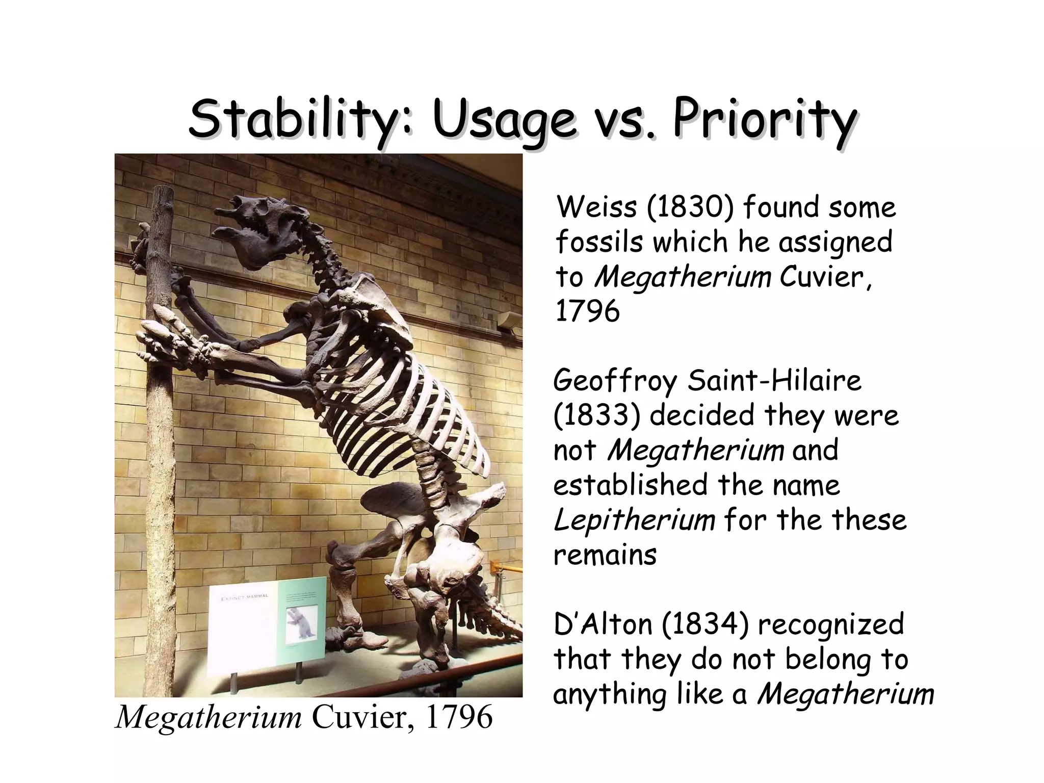 Stability: Usage vs. Priority Megatherium  Cuvier, 1796 Weiss (1830) found some fossils which he assigned to  Megatherium  Cuvier, 1796 Geoffroy Saint-Hilaire (1833) decided they were not  Megatherium  and established the name  Lepitherium  for the these remains D’Alton (1834) recognized that they do not belong to anything like a  Megatherium 