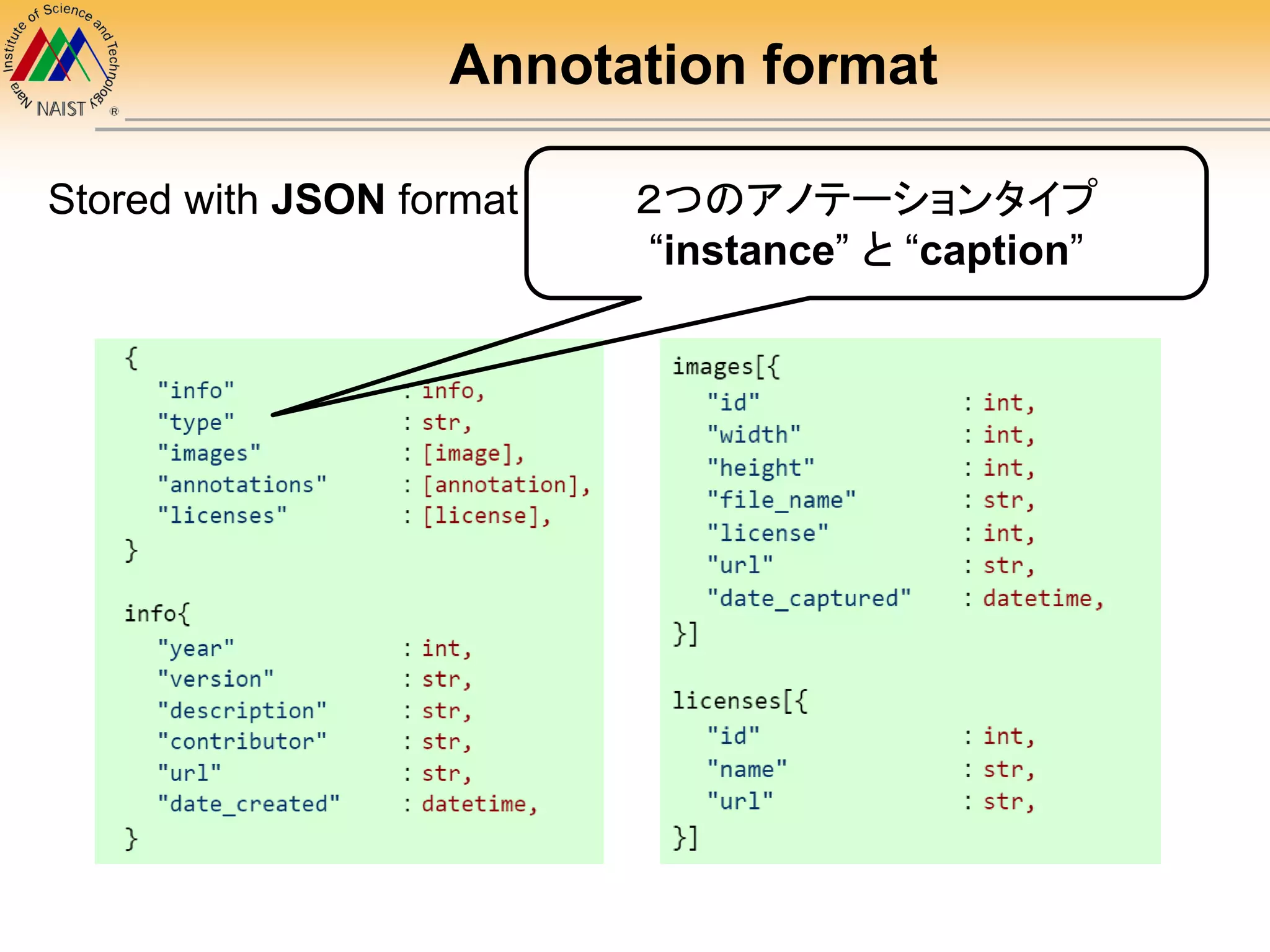 Annotation format
Stored with JSON format ２つのアノテーションタイプ
“instance” と “caption”
 