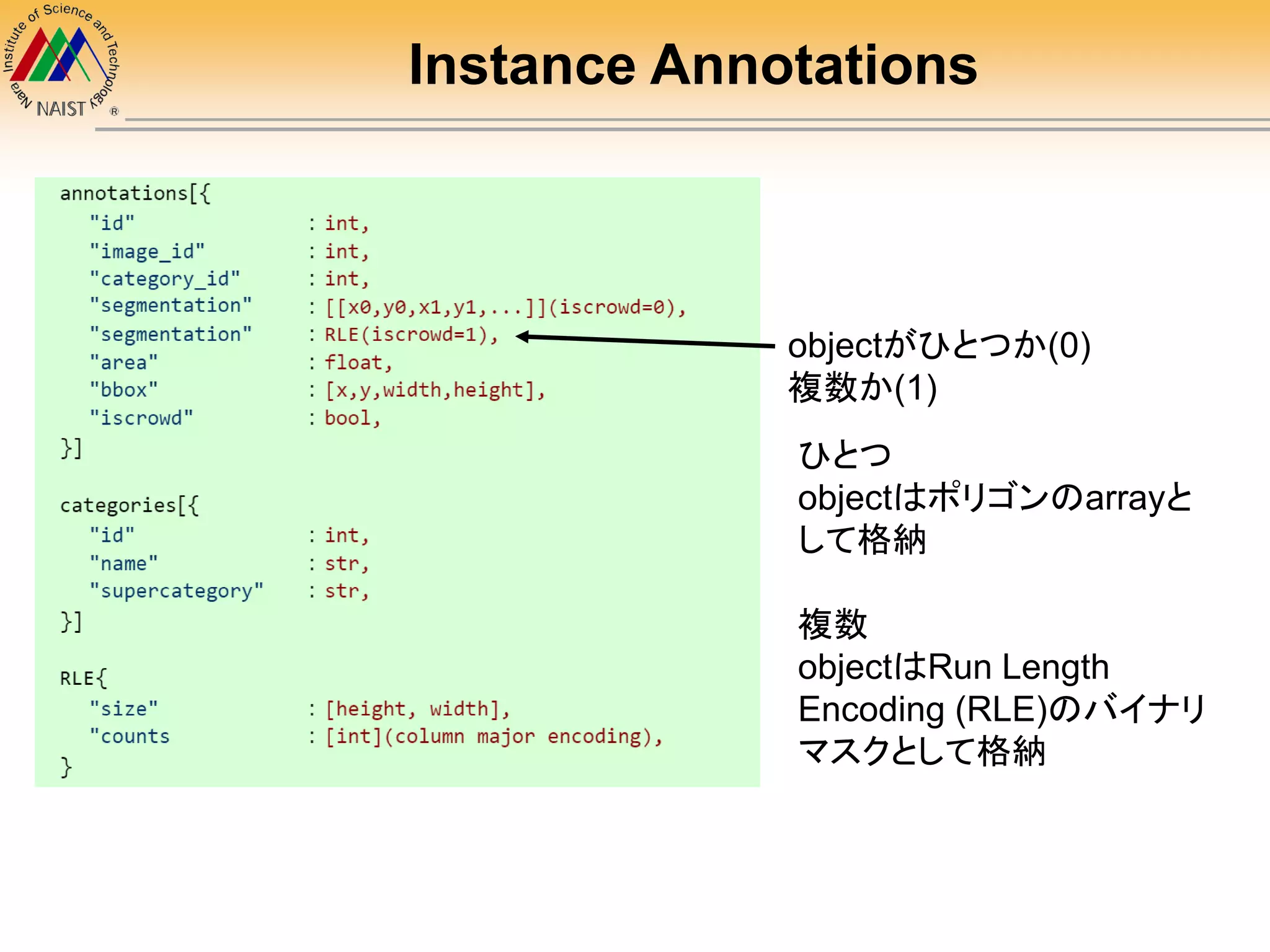 Instance Annotations
objectがひとつか(0)
複数か(1)
ひとつ
objectはポリゴンのarrayと
して格納
複数
objectはRun Length
Encoding (RLE)のバイナリ
マスクとして格納
 