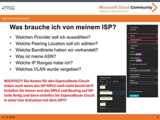 12.10.2016 9
Was brauche ich von meinem ISP?
• Welchen Provider soll ich auswählen?
• Welche Peering Location soll ich wählen?
• Welche Bandbreite haben wir verhandelt?
• Was ist meine ASN?
• Welche IP Ranges habe ich?
• Welches VLAN wurde vergeben?
Was ist ExpressRoute?
WICHTIG!!! Die Kosten für den ExpressRoute Circuit
ticken auch wenn das ISP MPLS noch nicht bereit ist!!!
Erstellen Sie immer erst das MPLS und Routing auf ISP
Seite fertig und dann erstellen Sie ExpressRoute Circuit
in einer Live Activation mit dem ISP!!!
 