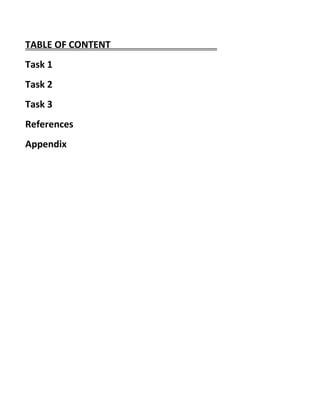 TABLE OF CONTENT
Task 1
Task 2
Task 3
References
Appendix
 
