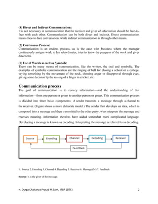 N. Durga Chaitanya Prasad M.Com, MBA (SITE) 2
(4) Direct and Indirect Communication:
It is not necessary in communication that the receiver and giver of information should be face-to-
face with each other. Communication can be both direct and indirect. Direct communication
means face-to-face conversation, while indirect communication is through other means.
(5) Continuous Process:
Communication is an endless process, as is the case with business where the manager
continuously assigns work to his subordinates, tries to know the progress of the work and gives
directions.
(6) Use of Words as well as Symbols:
There can be many means of communication, like the written, the oral and symbolic. The
examples of symbolic communication are the ringing of bell for closing a school or a college,
saying something by the movement of the neck, showing anger or disapproval through eyes,
giving some decision by the raising of a finger in cricket, etc.
Communication process
The goal of communication is to convey information—and the understanding of that
information—from one person or group to another person or group. This communication process
is divided into three basic components: A sender transmits a message through a channel to
the receiver. (Figure shows a more elaborate model.) The sender first develops an idea, which is
composed into a message and then transmitted to the other party, who interprets the message and
receives meaning. Information theorists have added somewhat more complicated language.
Developing a message is known as encoding. Interpreting the message is referred to as decoding.
1. Source 2. Encoding 3. Channel 4. Decoding 5. Receiver 6. Message (M) 7. Feedback
Source: It is the giver of the message.
 