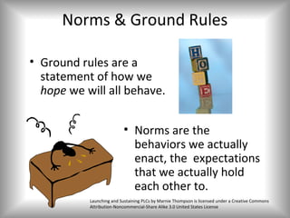 Norms & Ground Rules

• Ground rules are a
  statement of how we
  hope we will all behave.


                           • Norms are the
                             behaviors we actually
                             enact, the expectations
                             that we actually hold
                             each other to.
           Launching and Sustaining PLCs by Marnie Thompson is licensed under a Creative Commons
           Attribution-Noncommercial-Share Alike 3.0 United States License
 