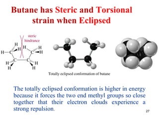 27
Butane has Steric and Torsional
strain when Eclipsed
The totally eclipsed conformation is higher in energy
because it forces the two end methyl groups so close
together that their electron clouds experience a
strong repulsion.
 