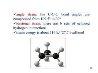 38
angle strain: the C-C-C bond angles are
compressed from 109.5° to 60°
torsional strain: there are 6 sets of eclipsed
hydrogen interactions
strain energy is about 116 kJ (27.7 kcal)/mol
 
