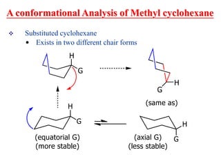 A conformational Analysis of Methyl cyclohexane
 Substituted cyclohexane
• Exists in two different chair forms
H
G
H
G
 