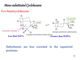 74
Tert-butylcyclohexane
Substituents are less crowded in the equatorial
positions.
MonosubstitutedCyclohexane
Less than 0.01% Greater than 99.99%
 