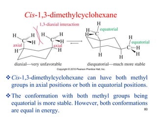 80
Cis-1,3-dimethylcyclohexane
Cis-1,3-dimethylcyclohexane can have both methyl
groups in axial positions or both in equatorial positions.
The conformation with both methyl groups being
equatorial is more stable. However, both conformations
are equal in energy.
 