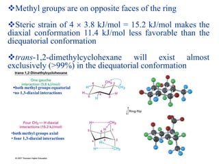 Methyl groups are on opposite faces of the ring
Steric strain of 4  3.8 kJ/mol = 15.2 kJ/mol makes the
diaxial conformation 11.4 kJ/mol less favorable than the
diequatorial conformation
trans-1,2-dimethylcyclohexane will exist almost
exclusively (>99%) in the diequatorial conformation
both methyl groups equatorial
•no 1,3-diaxial interactions
•both methyl groups axial
• four 1,3-diaxial interactions
 
