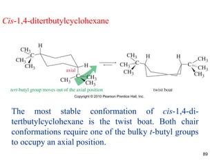 89
Cis-1,4-ditertbutylcyclohexane
The most stable conformation of cis-1,4-di-
tertbutylcyclohexane is the twist boat. Both chair
conformations require one of the bulky t-butyl groups
to occupy an axial position.
 