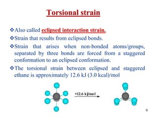 9
Torsional strain
Also called eclipsed interaction strain.
Strain that results from eclipsed bonds.
Strain that arises when non-bonded atoms/groups,
separated by three bonds are forced from a staggered
conformation to an eclipsed conformation.
The torsional strain between eclipsed and staggered
ethane is approximately 12.6 kJ (3.0 kcal)/mol
+12.6 kJ/mol
 