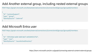Add Another external group, including nested external groups
POST https://graph.microsoft.com/beta/external/connections/{connectionId}/groups/{groupId}/members
{
"id": "contosoSupport",
"type": "group",
"identitySource": "external"
}
Add Microsoft Entra user
POST https://graph.microsoft.com/beta/external/connections/{connectionId}/groups/{groupId}/members
{
"id": "25f143de-be82-4afb-8a57-e032b9315752",
"type": "user",
"identitySource": "azureActiveDirectory"
}
https://learn.microsoft.com/en-us/graph/connecting-external-content-external-groups
 