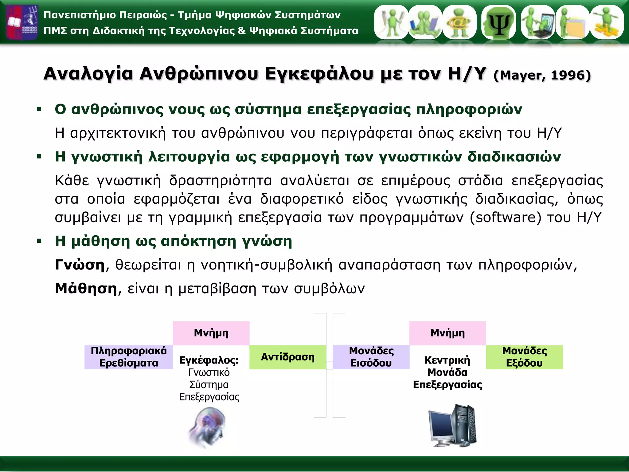 Βασικές δομές του μεταιχμιακούσυστήματοςΕπηρεάζει τη συγκίνηση, το συναίσθημα, την προσοχή και την ‘Ενεργό Μνήμη’ (Βραχύχρονη μνήμη)ο σημαντικότερος σταθμός αναμονής  & αναμετάδοσης  γενικών πληροφοριών & η μόνη πηγή αισθητηριακών πληροφοριώνΡύθμιση ύπνου, όρεξης, σεξουαλικής δράσηςΕπιδρά στην συγκινησιακή κατάσταση του ατόμου και γενικότερα στη θυμικοσυναισθηματική διάθεση«ο βιβλιοθηκάριος της μνήμης», δηλ. συμβάλλει στην κωδικοποίηση & καταχώριση νέων πληροφοριών (Μακρόχρονη μνήμη)Κολιάδη, Εμμ. (2007). Γνωστική Ψυχολογία – Γνωστική Νευροεπιστήμη και  Εκπαιδευτική Πράξη: Μοντέλο επεξεργασίας Πληροφοριών, Αθήνα