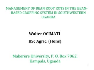 1
MANAGEMENT OF BEAN ROOT ROTS IN THE BEAN-
BASED CROPPING SYSTEM IN SOUTHWESTERN
UGANDA
Walter OCIMATI
BSc Agric. (Hons)
Makerere University, P. O. Box 7062,
Kampala, Uganda
 
