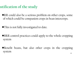 4
•RR could also be a serious problem on other crops, some
of which could be companion crops in bean intercrops.
•This is not fully investigated to date.
•BRR control practices could apply to the whole cropping
system
•Benefit beans, but also other crops in the cropping
system
ustification of the study
 