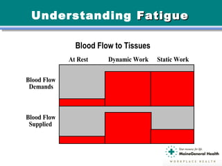 Understanding FatigueFatigue
Blood Flow to Tissues
At Rest Dynamic Work Static Work
Blood Flow
Demands
Blood Flow
Supplied
 