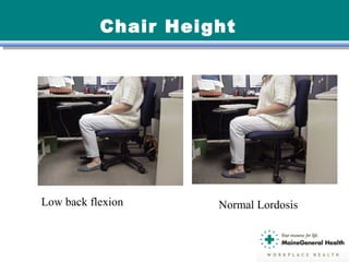 Chair Height
Low back flexion Normal Lordosis
 