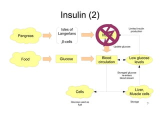 7
Insulin (2)
Pangreas Insulin
Isles of
Langerlans
β-cells
Food Glucose
Uptake glucose
Cells
Liver,
Muscle cells
Glucose used as
fuel
Storage
Blood
circulation
Limited insulin
production
Storaged glucose
re-enters
blood stream
Low glucose
levels
 
