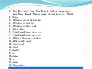 1. Ward_No+ Name+ Place+ Date_Formed+ Bank_ac_started_date+
Bank_Name+ Branch+ Meeting_place+ Meeting_time+ Day+ Mailid
2. Status
3. Affiliation_no+reg_id+next_date
4. Affiliation_no+next_date
5. Affiliation_no+place+total
6. Regno+status
7. Childid+regid+name+parent+age
8. Childid+regid+name+parent+age
9. ADSmem_id+member_id+phno
10. ADS_memid+ Genid
11. Exeid+genid
12. Exeid
13. Stockid
14. Id
15. Status
16. Id
17. Status
18. Ward number
 