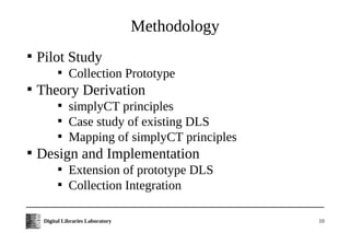 Methodology

    Pilot Study
           
               Collection Prototype

    Theory Derivation
           
               simplyCT principles
           
               Case study of existing DLS
           
               Mapping of simplyCT principles

    Design and Implementation
           
               Extension of prototype DLS
           
               Collection Integration

     Digital Libraries Laboratory                 10
 