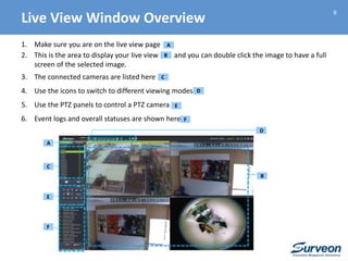 6
1. Make sure you are on the live view page
2. This is the area to display your live view and you can double click the image to have a full
screen of the selected image.
3. The connected cameras are listed here
4. Use the icons to switch to different viewing modes
5. Use the PTZ panels to control a PTZ camera
6. Event logs and overall statuses are shown here
A
A
B
B
C
C
D
D
E
F
E
F
Live View Window Overview
 