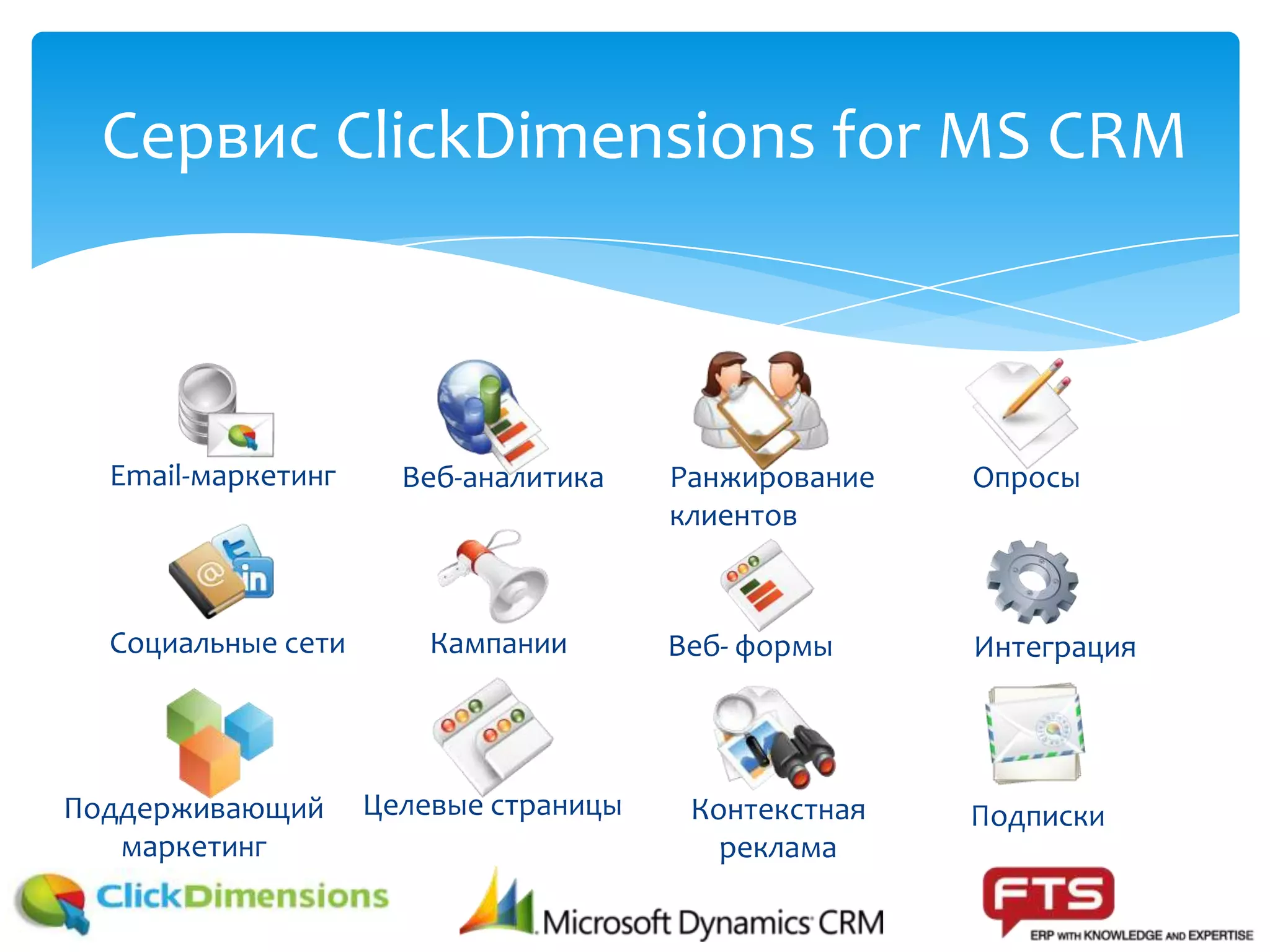 Сервис ClickDimensions for MS CRM
Веб-аналитика
Кампании
Целевые страницы
Email-маркетинг
Социальные сети
Поддерживающий
маркетинг
Ранжирование
клиентов
Веб- формы
Контекстная
реклама
Интеграция
Опросы
Подписки
 