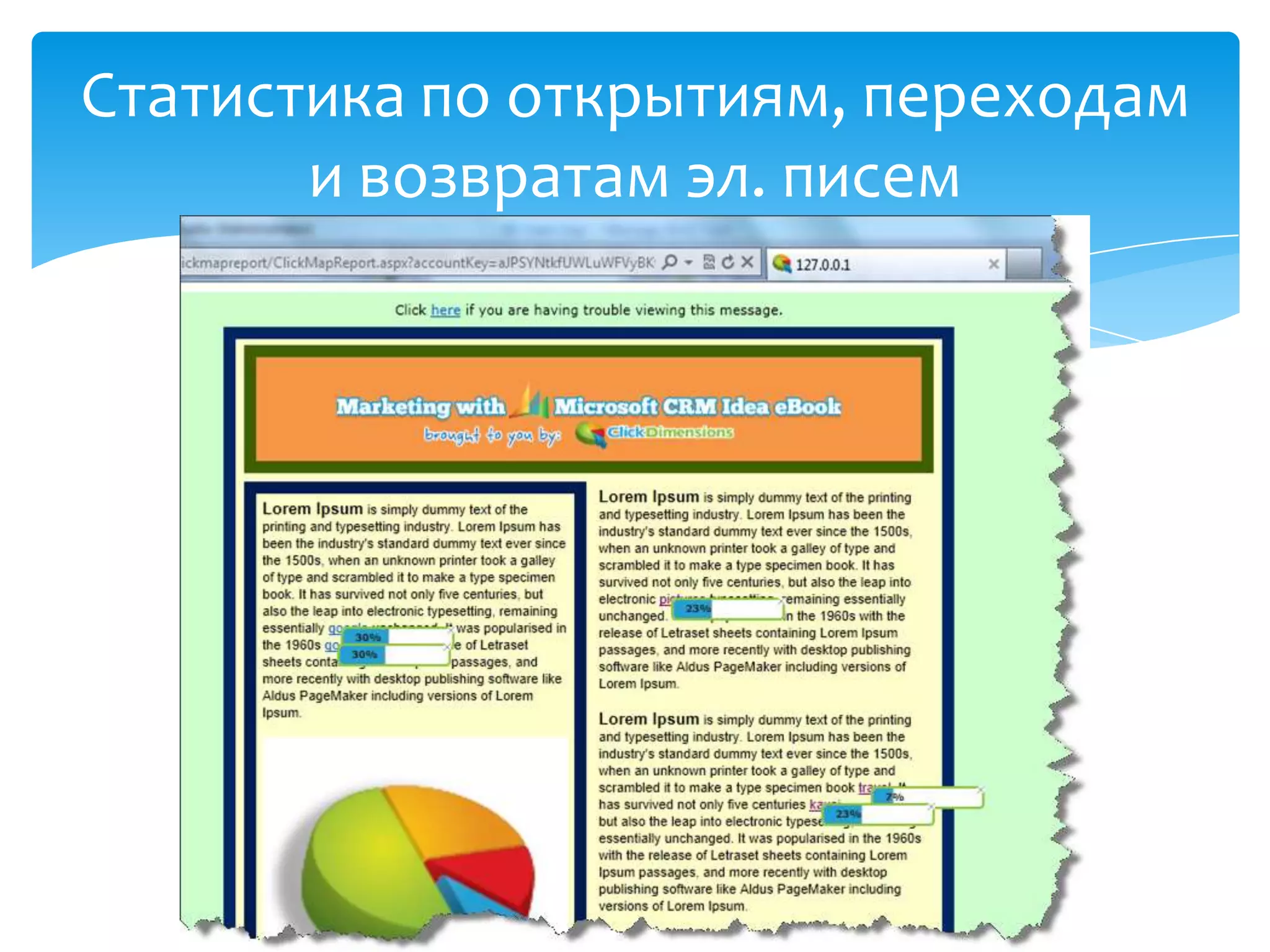Статистика по открытиям, переходам
и возвратам эл. писем
 