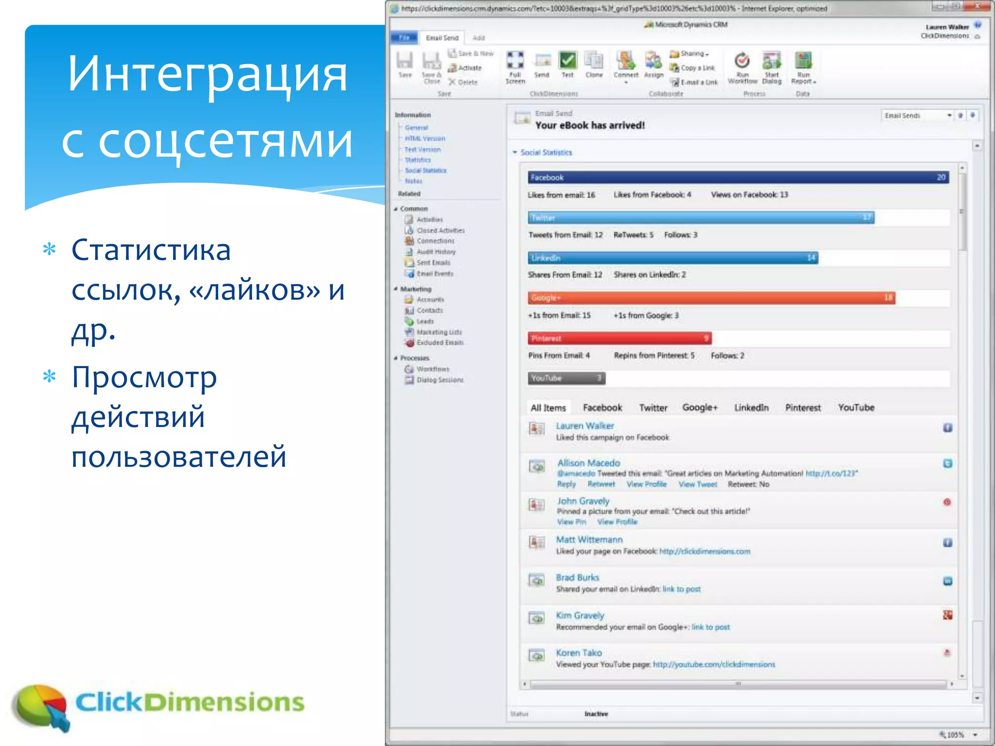 Интеграция
с соцсетями
Статистика
ссылок, «лайков» и
др.
Просмотр
действий
пользователей
 