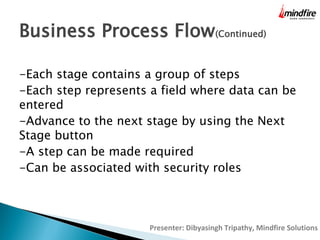 Business Process Flow(Continued)
-Each stage contains a group of steps
-Each step represents a field where data can be
entered
-Advance to the next stage by using the Next
Stage button
-A step can be made required
-Can be associated with security roles

Presenter: Dibyasingh Tripathy, Mindfire Solutions

 