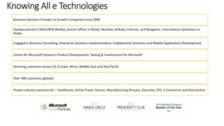 Business Solutions Provider to Growth Companies since 2000 
Headquartered in Delhi/NCR (Noida), branch offices in Noida, Mumbai, Kolkata, Chennai, and Bangalore. International operations in 
Dubai. 
Engaged in Business Consulting, Enterprise Solutions Implementation, Collaboration Solutions and Mobile Applications Development 
Centre for Microsoft Dynamics Product Development, Testing & maintenance for Microsoft 
Servicing customers across US, Europe, Africa, Middle-East and Asia Pacific 
Over 400 customers globally 
Proven industry solutions for – Healthcare, Online Travel, Service, Manufacturing (Process, Discrete), EPC, e Commerce and Distribution 
 