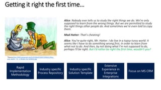 Alice: Nobody ever tells us to study the right things we do. We’re only 
supposed to learn from the wrong things. But we are permitted to study 
the right things other people do. And sometimes we’re even told to copy 
them. 
Mad Hatter: That’s cheating! 
Alice: You’re quite right, Mr. Hatter. I do live in a topsy-turvy world. It 
seems like I have to do something wrong first, in order to learn from 
what not to do. And then, by not doing what I’m not supposed to do, 
perhaps I’ll be right. But I’d rather be right the first time, wouldn’t you? 
Rapid 
Implementation 
Methodology 
Industry specific 
Process Repository 
Industry specific 
Solution Template 
Extensive 
Experience in 
Enterprise 
Integrations 
Focus on MS CRM 
http://th05.deviantart.net/fs19/200H/f/2007/258/b/c/Alice_ 
and_Hatter__It__s_Broken_by_Smitkins.jpg 
 