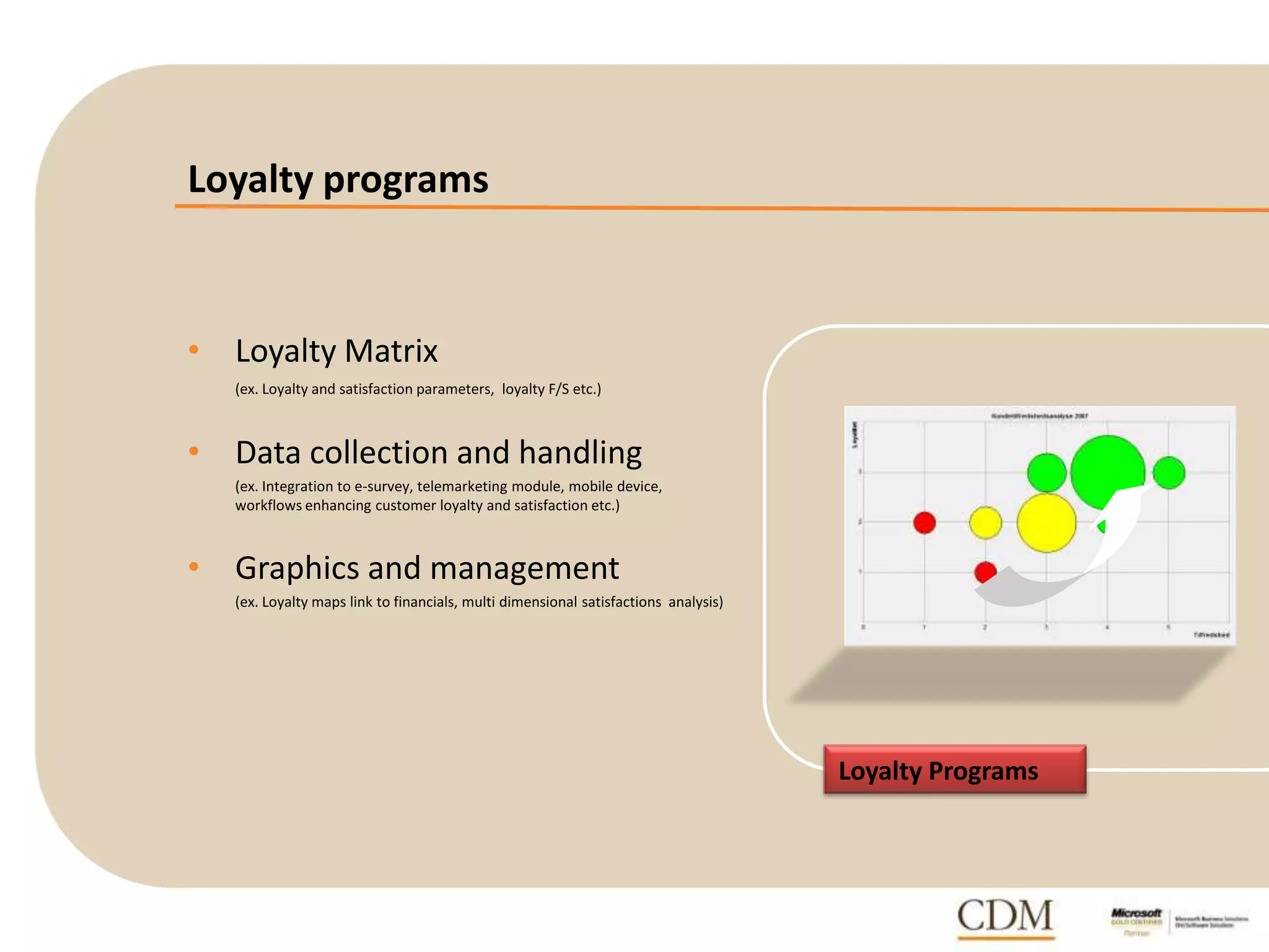Loyalty programs
Loyalty Programs
• Loyalty Matrix
(ex. Loyalty and satisfaction parameters, loyalty F/S etc.)
• Data collection and handling
(ex. Integration to e-survey, telemarketing module, mobile device,
workflows enhancing customer loyalty and satisfaction etc.)
• Graphics and management
(ex. Loyalty maps link to financials, multi dimensional satisfactions analysis)
 
