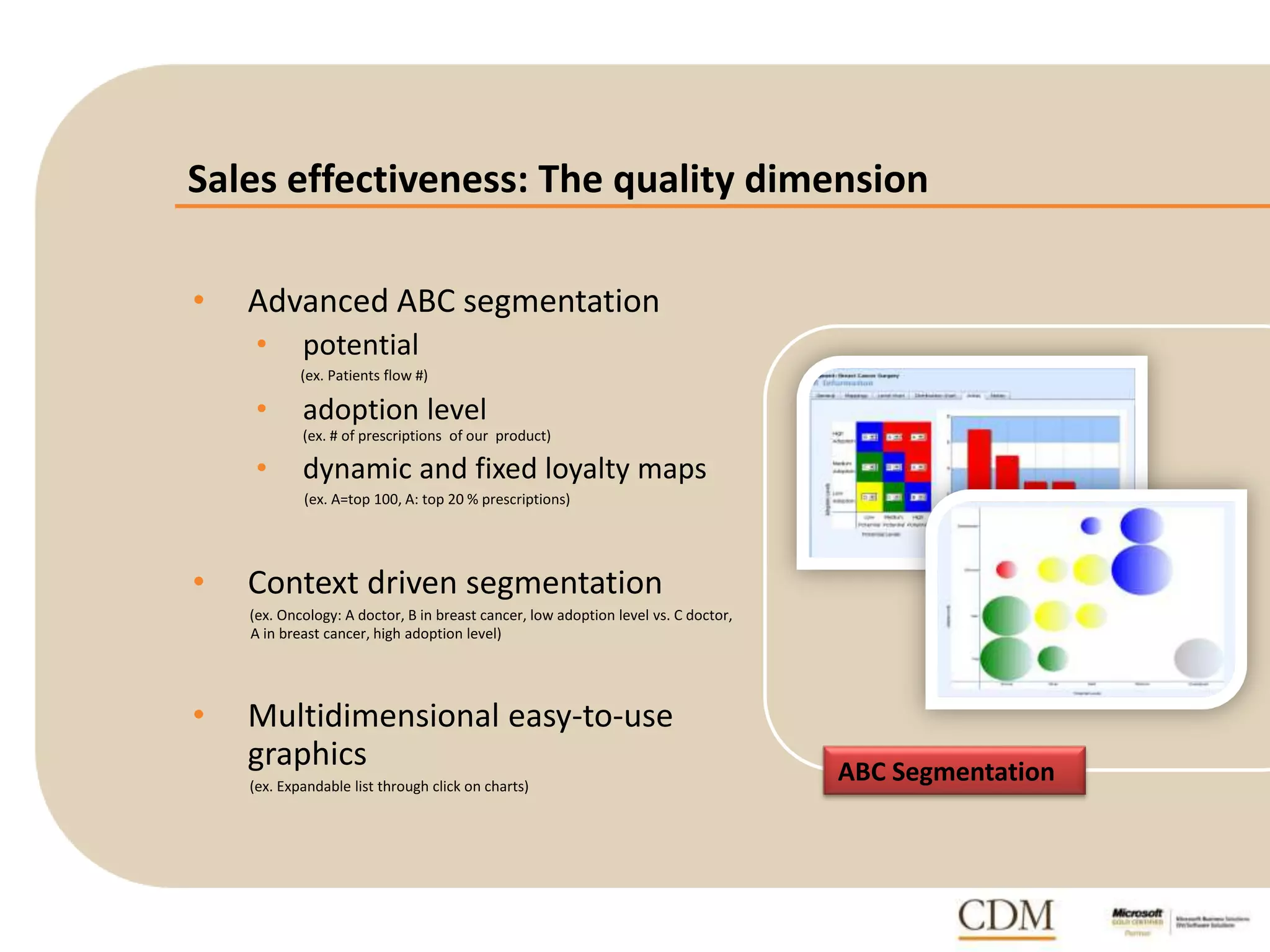 Sales effectiveness: The quality dimension
• Advanced ABC segmentation
• potential
(ex. Patients flow #)
• adoption level
(ex. # of prescriptions of our product)
• dynamic and fixed loyalty maps
(ex. A=top 100, A: top 20 % prescriptions)
• Context driven segmentation
(ex. Oncology: A doctor, B in breast cancer, low adoption level vs. C doctor,
A in breast cancer, high adoption level)
• Multidimensional easy-to-use
graphics
(ex. Expandable list through click on charts)
ABC Segmentation
 