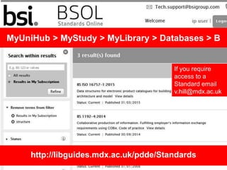MyUniHub > MyStudy > MyLibrary > Databases > B
http://libguides.mdx.ac.uk/pdde/Standards
If you require
access to a
Standard email
v.hill@mdx.ac.uk
 