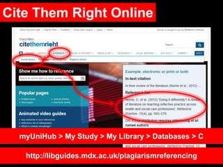 Cite Them Right Online
myUniHub > My Study > My Library > Databases > C
http://libguides.mdx.ac.uk/plagiarismreferencing
 