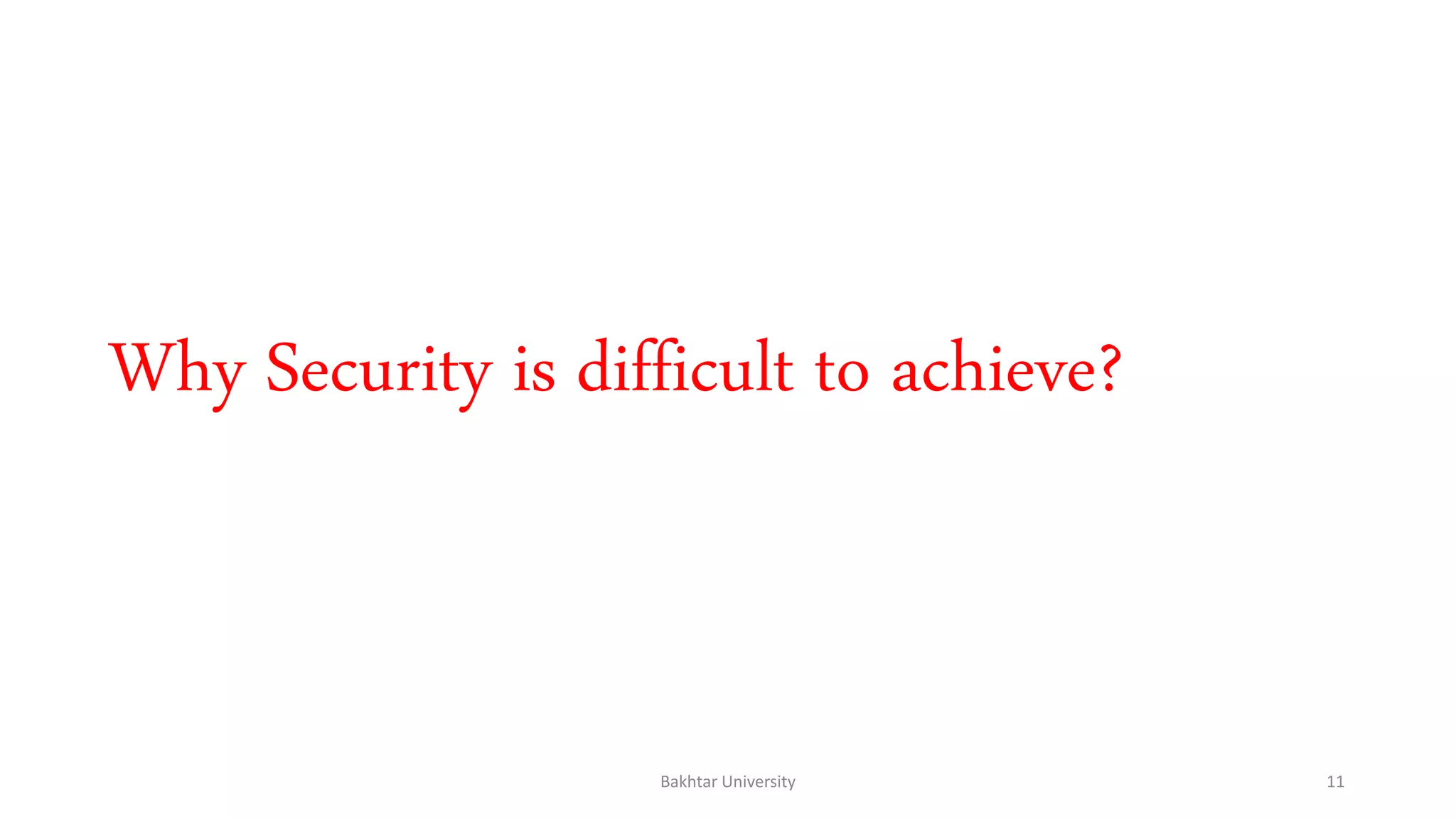 Why Security is difficult to achieve?
Bakhtar University 11
 