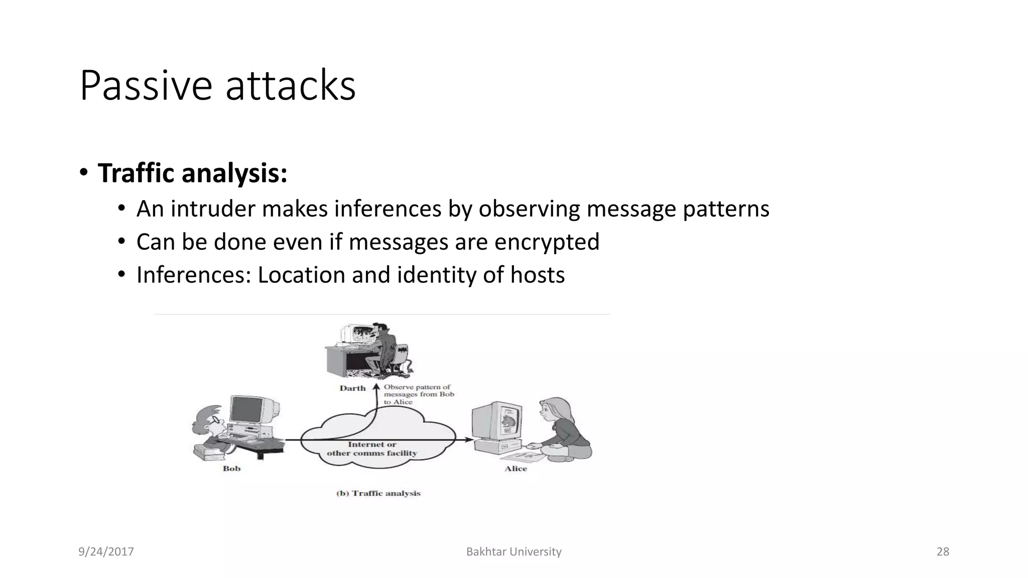 Passive attacks
• Traffic analysis:
• An intruder makes inferences by observing message patterns
• Can be done even if messages are encrypted
• Inferences: Location and identity of hosts
9/24/2017 Bakhtar University 28
 