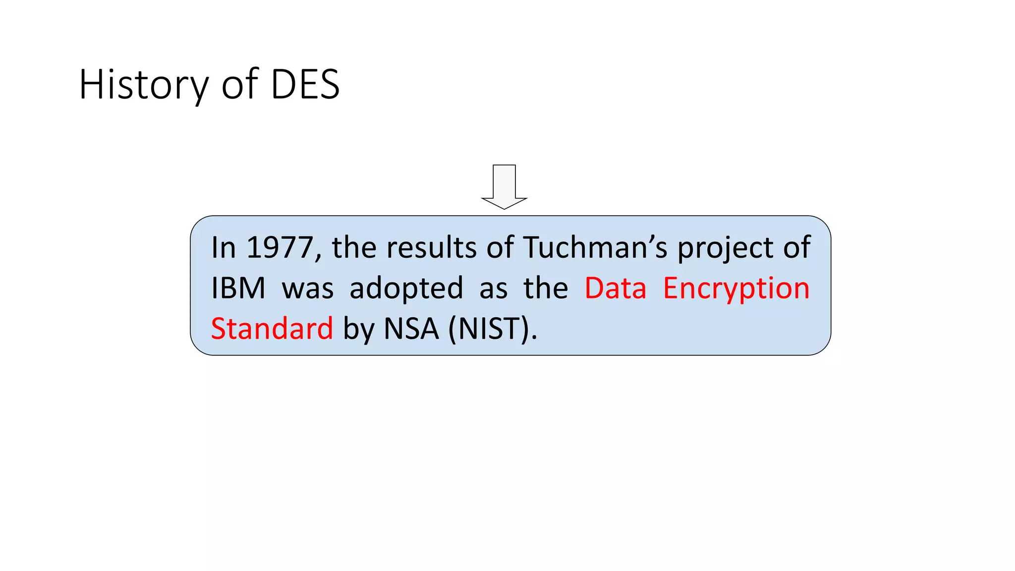 History of DES
In 1977, the results of Tuchman’s project of
IBM was adopted as the Data Encryption
Standard by NSA (NIST).
 