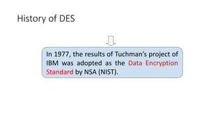 History of DES
In 1977, the results of Tuchman’s project of
IBM was adopted as the Data Encryption
Standard by NSA (NIST).
 