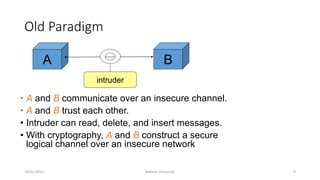 Old Paradigm
• A and B communicate over an insecure channel.
• A and B trust each other.
• Intruder can read, delete, and insert messages.
• With cryptography, A and B construct a secure
logical channel over an insecure network
10/21/2017 Bakhtar University 9
A B
intruder
 