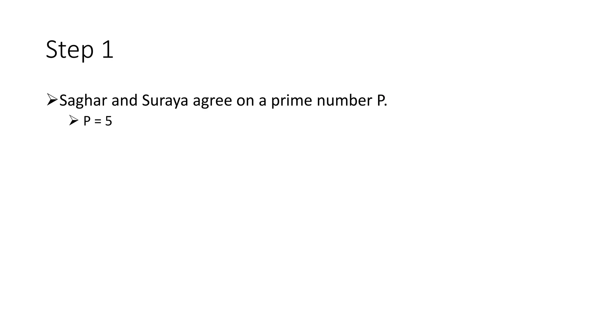 Step 1
Saghar and Suraya agree on a prime number P.
 P = 5
 