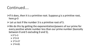 Continued….
If it does, then it is a primitive root. Suppose g is a primitive root,
here g=3
 Let us test if the number 3 is a primitive root of 5.
We do this by getting the exponentiation/powers of our prime for
every positive whole number less than our prime number (basically
between 0 and 5 excluding 0 and 5).
3^1=3
 3^2=9
 3^3=27
 3^4=81
 