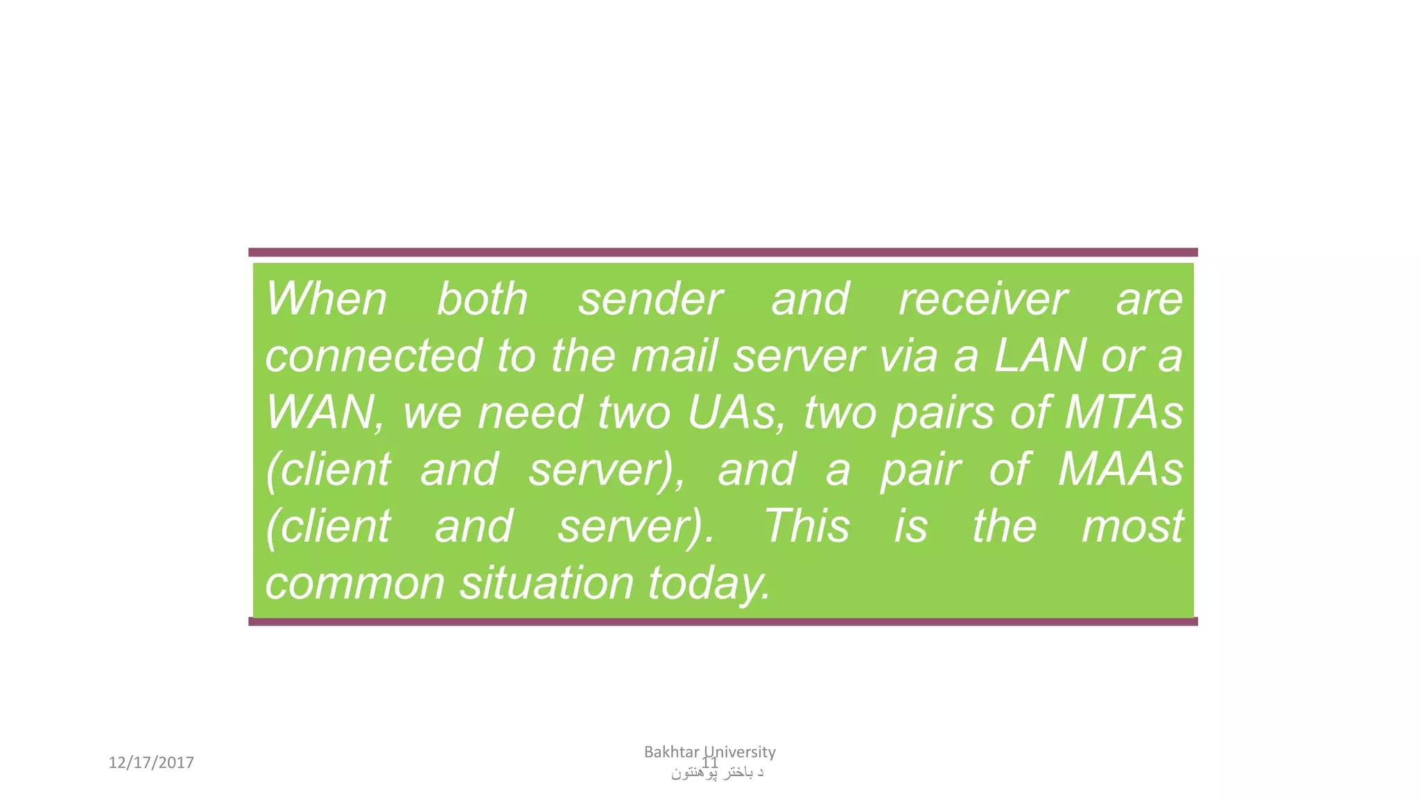 11
When both sender and receiver are
connected to the mail server via a LAN or a
WAN, we need two UAs, two pairs of MTAs
(client and server), and a pair of MAAs
(client and server). This is the most
common situation today.
12/17/2017
Bakhtar University
‫پوهنتون‬ ‫باختر‬ ‫د‬
 