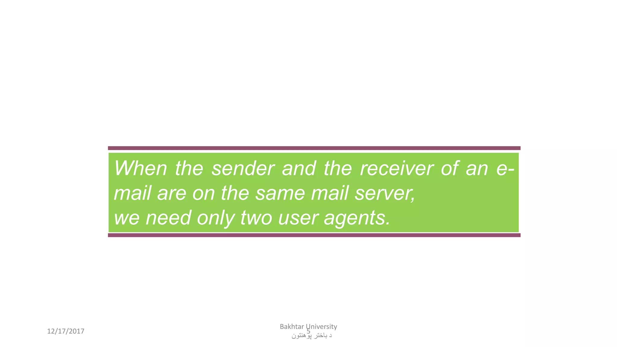 5
When the sender and the receiver of an e-
mail are on the same mail server,
we need only two user agents.
12/17/2017
Bakhtar University
‫پوهنتون‬ ‫باختر‬ ‫د‬
 