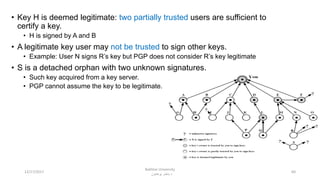 • Key H is deemed legitimate: two partially trusted users are sufficient to
certify a key.
• H is signed by A and B
• A legitimate key user may not be trusted to sign other keys.
• Example: User N signs R’s key but PGP does not consider R’s key legitimate
• S is a detached orphan with two unknown signatures.
• Such key acquired from a key server.
• PGP cannot assume the key to be legitimate.
6012/17/2017
Bakhtar University
‫پوهنتون‬ ‫باختر‬ ‫د‬
 