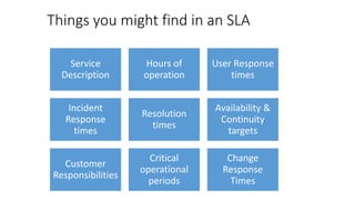 Things you might find in an SLA
Service
Description
Hours of
operation
User Response
times
Incident
Response
times
Resolution
times
Availability &
Continuity
targets
Customer
Responsibilities
Critical
operational
periods
Change
Response
Times
 